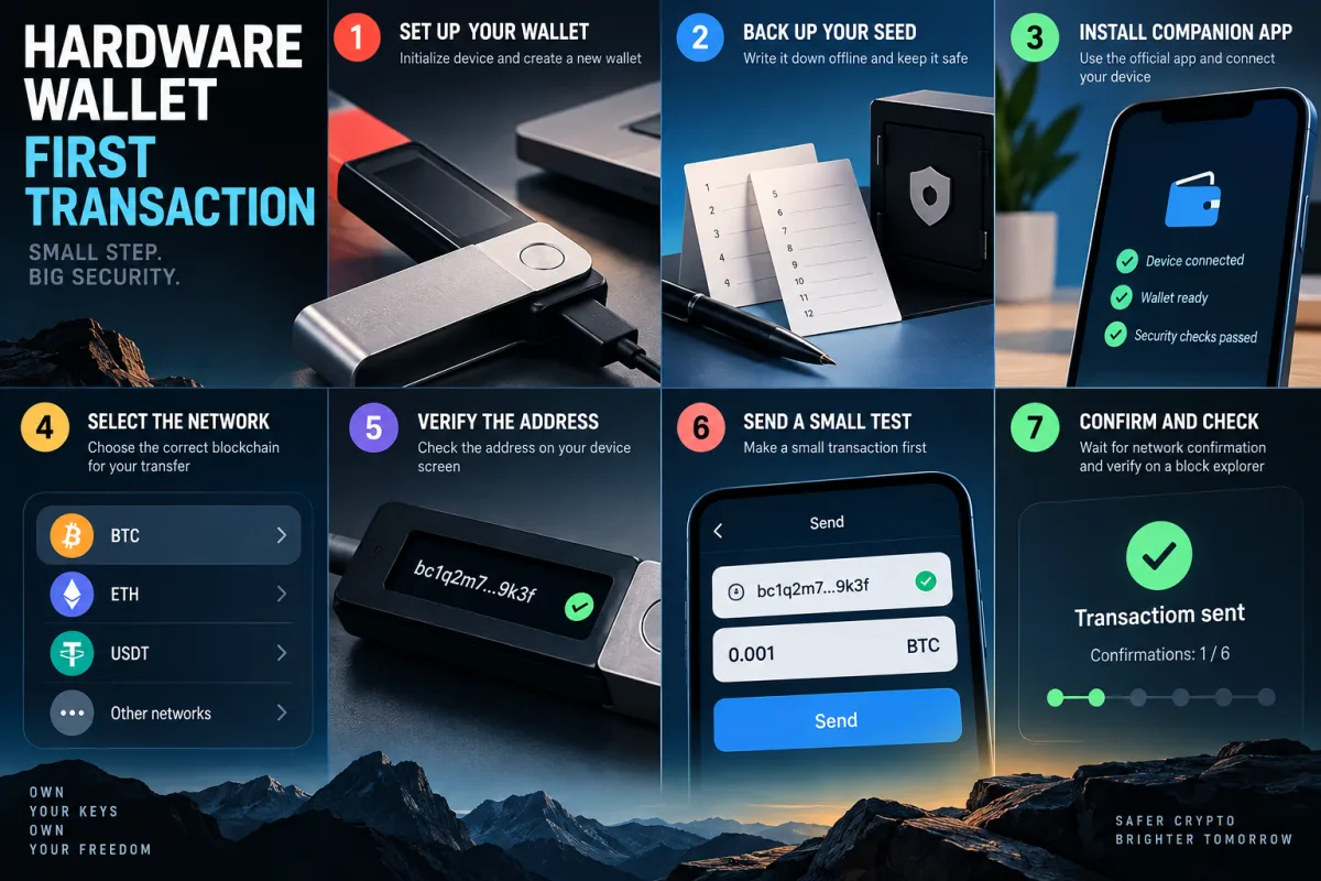 First hardware wallet transaction checklist: app verification, address check, network choice and backup.